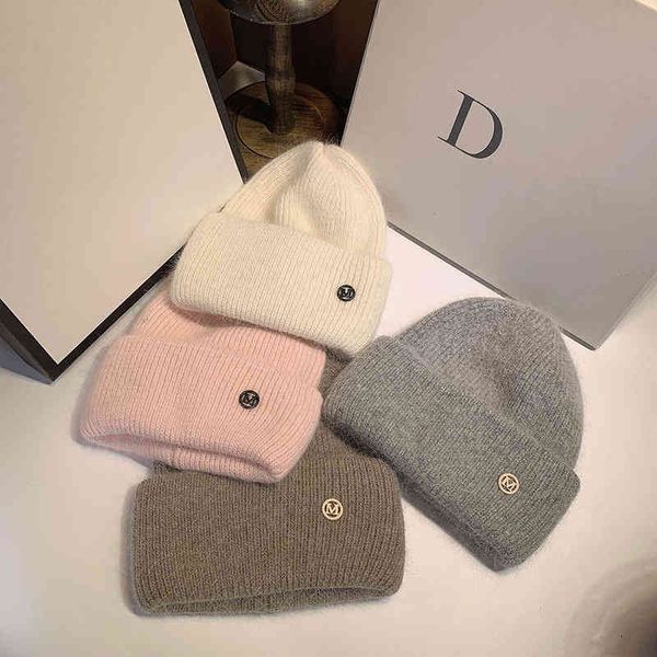 

french thickened rabbit hair wool hat versatile gear mouth autumn and winter cold warm knit ear protection against wave, Blue;gray