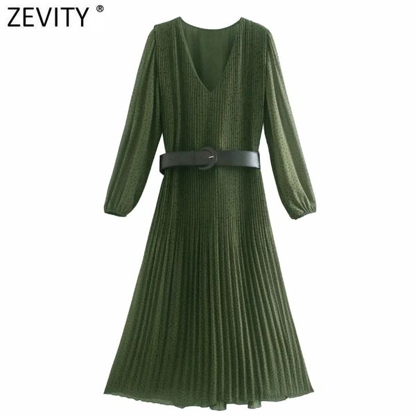

zevity women elegant v neck dots print casual slim pleated midi dress chic female puff sleeve sashes a line vestido ds4996 210419, Black;gray
