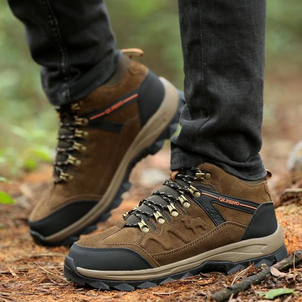 

boots outdoor hiking men breathable snow man leather walking shoes fashion winter ankle warm cow suede, Black