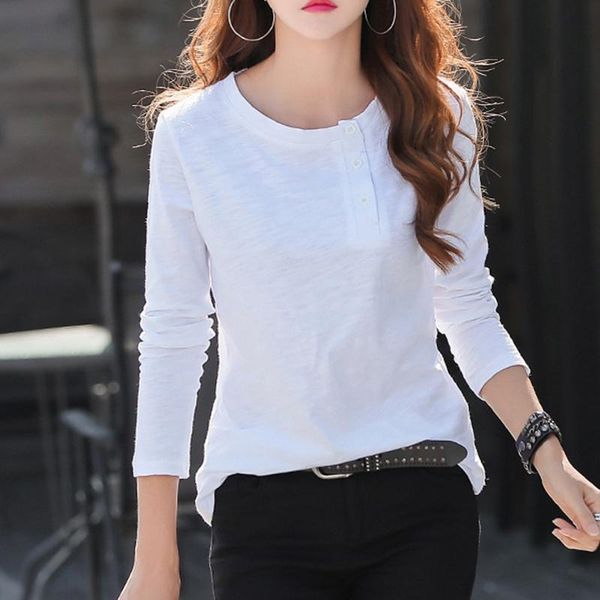 

women's t-shirt ljsxls 2021 spring casual solid loose t shirt women button o neck tshirts plus size clothes autumn fashion mujer camis, White