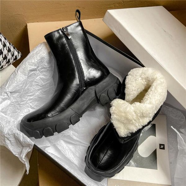 

boots winter fashion snow women genuine leather wool shearling platform ankle warm zipper ladies shoes, Black