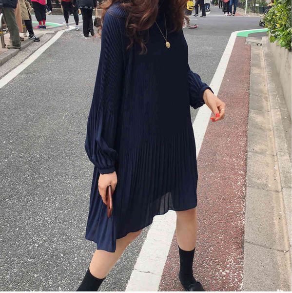 

lanmrem new korean summer fashion women clothes vacation dresses lantern sleeves pullover loose chiffon dress pleated wg686 200928, Black;gray