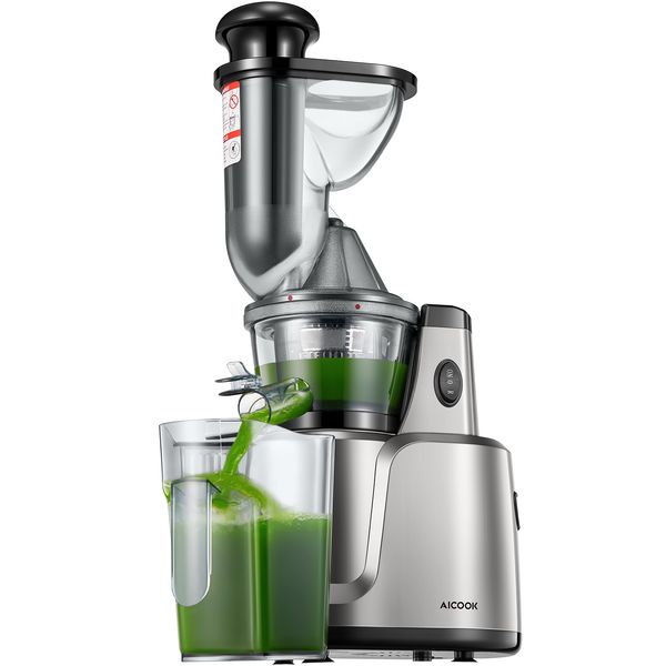 

aicook slow juicer machine, cold press juice extractor for fruit & vegetables, baby food and ice cream, low noise design, recipes, pre-clean
