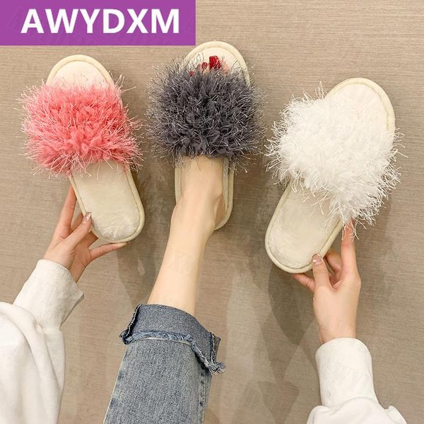 

slippers designer sweet fur walking dress shallow fashion slides flip flops plush shoes women flats 2021 autumn winter mujer, Black