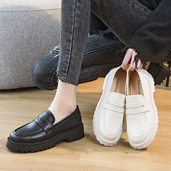 

dress shoes spring female british style white thick-soled college casual loafers leather fashion girls sports, Black