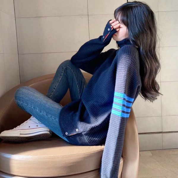 

tb wool high neck lazy wind loose hanging casual long sleeve four bar striped sweater men's and women's warm bottom shirt, White