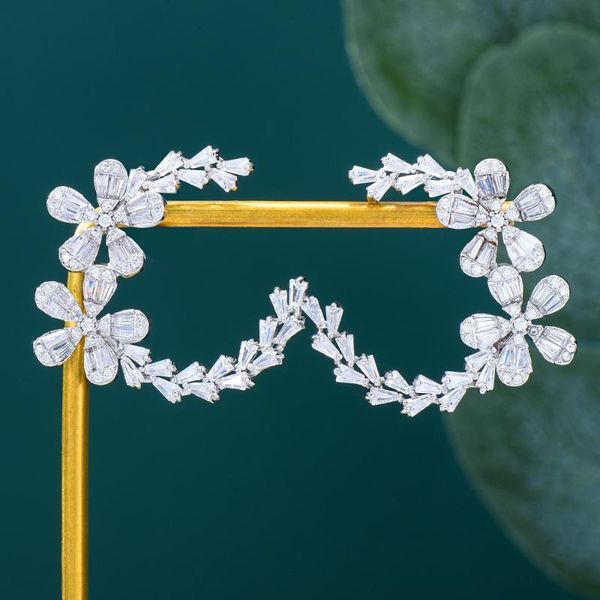 

stud godki trendy luxury blossom flower earrings for women wedding cubic zircon cz bridal bohemia drop, Golden;silver