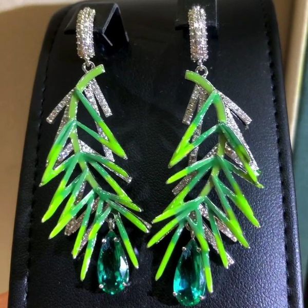 

dangle & chandelier missvikki luxury shiny green feather earrings for women wedding party dubai bridal fashion jewelry high quality, Silver