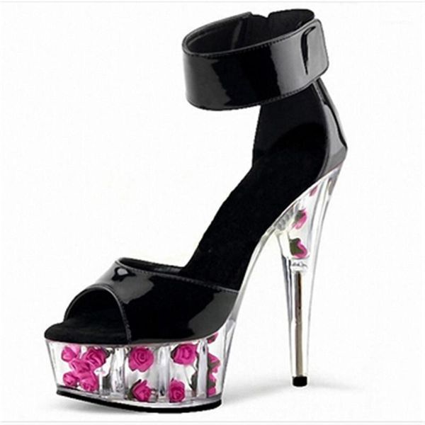 

fashion sweet wedding 6 inch women's sandals, 15cm heels rose decoration, banquet sandals1, Black