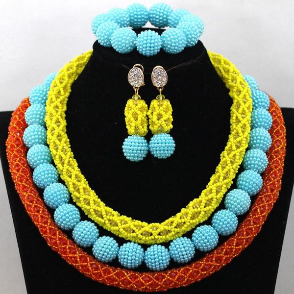 

earrings & necklace shinny yellow/blue/orange lady african wedding jewelry set for party handmade crystal braid balls costume gift qw656, Silver
