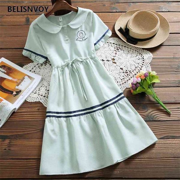 Japonês Mori Menina Verão Mulheres Vestido Xadrez Peter Pan Collar Kawaii Lace Up Bordado Manga Curta Ruffles Bonito 210520