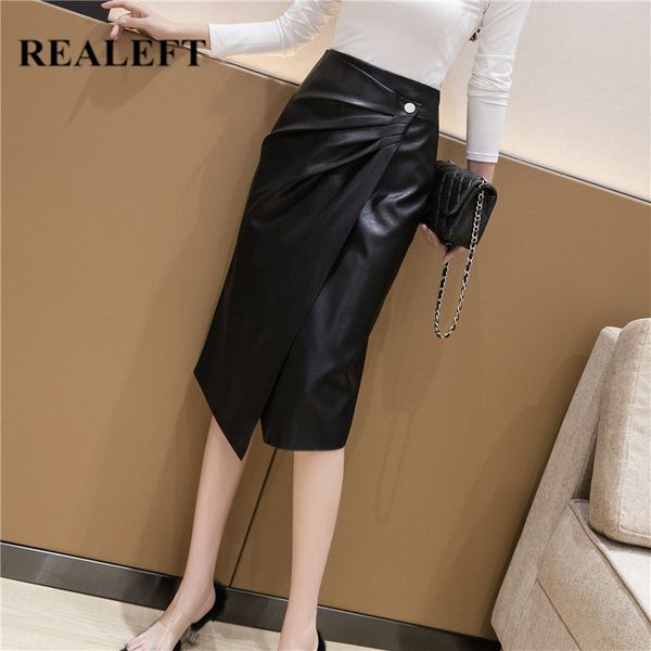 

women's pu leather skirts fashion office ladies wrap high waist slim midi length female 210428, Black