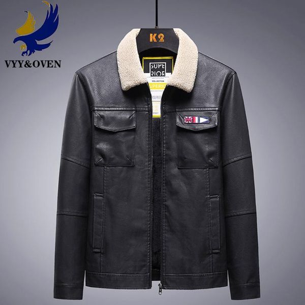 

leather coat men's large spring and autumn tide brand fat warm lapel loose plush jacket with fleece 8xl fur & faux, Black