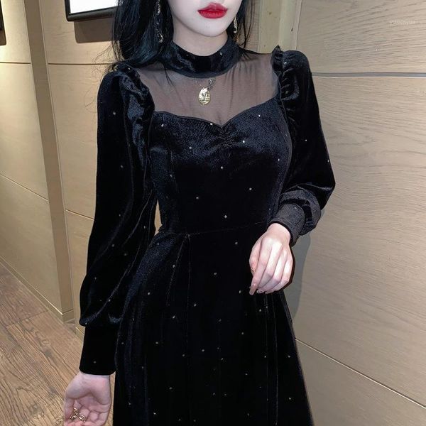 

casual dresses elegant velvet dress solid long sleeve party women slim fit mesh autumn fashion gothic black elbise vestidos mujer femme, Black;gray