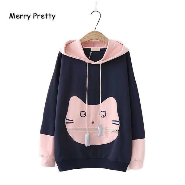 

merry pretty women autumn winter hooded sweatshirts cartoon embroidery patchwork hoodies for femme sweet style funny pullovers 210526, Black