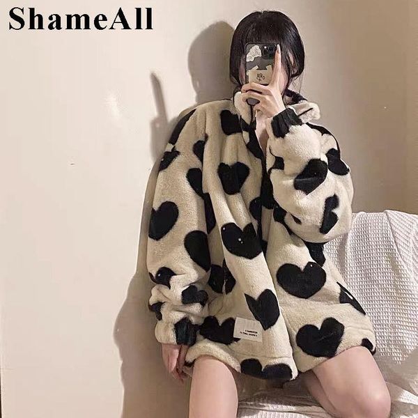 

women's fur & faux sweetness winter heart pattern padded down teddy jacket coat women thicken warm overcoat fluffy cozy loose outfits, Black