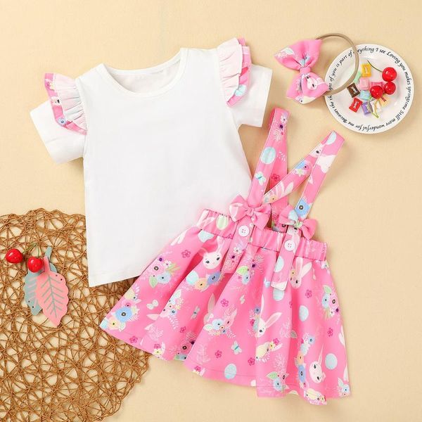 

girl's summer 3 pcs set kid's short sleeves cartoon printed shirt strap skirt hair rope for children clothing dresses 2021 sets, White