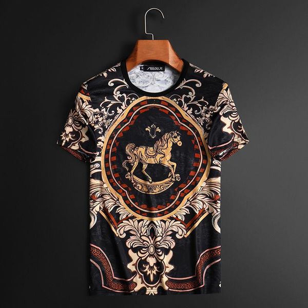 

men's t-shirts black gold luxury horse print t shirt manga corta ice silk short tee men hombre camiseta man club party homme baroque, White;black