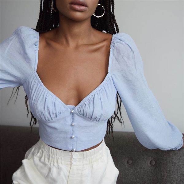 

women's knits & tees fashion blue crop blouses shirt women 2021 deep v neck long sleeve female shirts chic ladies casual, White