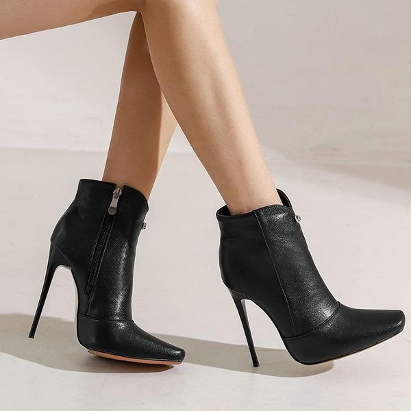 

boots women pu leather nightclub fashion zipper ankle thin high heel ribbon booties ladies square toe autumn shoes, Black