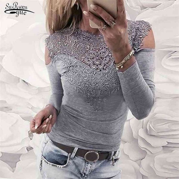 

spring casual women shirt o-neck lace long sleeve blouses crochet hollow out white blouse 12679 210421
