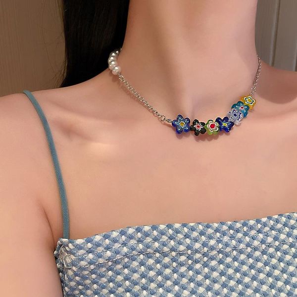 

chokers color glass small flower pearl personality candy clavicle chain trend a girl store necklace women's neck, Golden;silver