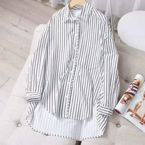 

women's blouses & shirts cotton 100% long women summer 2021 striped loose turn-down collar all match boyfriend style female outwear, White