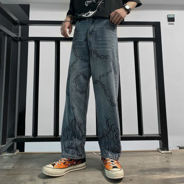 

2021shengpalae 2021 new autumn casual jeans woman long trousers cowboy female loose streetwear graffiti flame print pants za5128, Blue