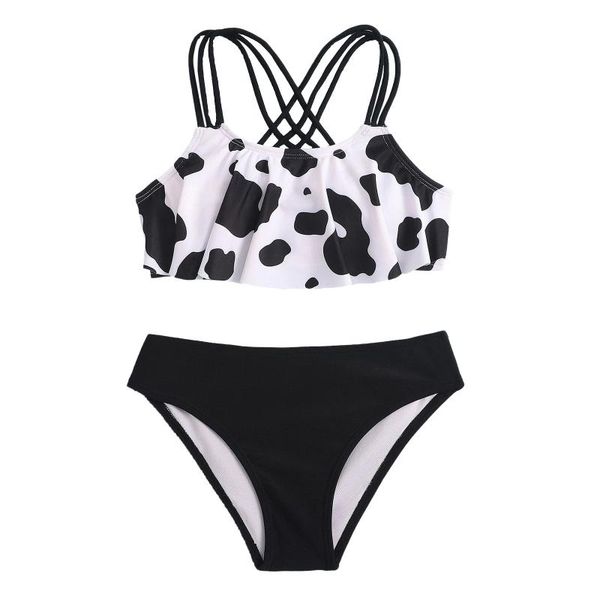 

one-pieces teen girls bikini sets cute crisscross back summer kids cow print swimwear two-piece swimsuit swimming suit beachwear 8-14 years, Black