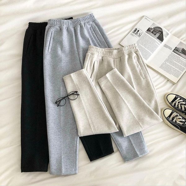 

korean elastic waist casual gray trousers women 2021 winter thick loose wild harem woolen pants womens streetwear women's & capris, Black;white