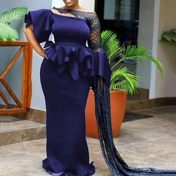 

2021elegant evening party long dress mesh patchwork large plus size formal vestidos high waist ruffle vintage blue women dress, Black;gray