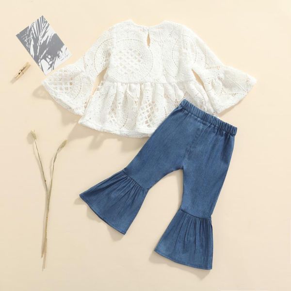 

clothing sets baby girls clothes set hollow out lace long sleeve large hem o-neck and solid color flared trousers autumn girl, White