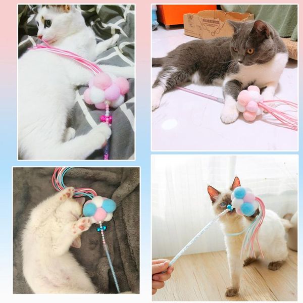 

cat toys 2pcs wand tassel kitten ball pet with bell colorful pom toy scratch