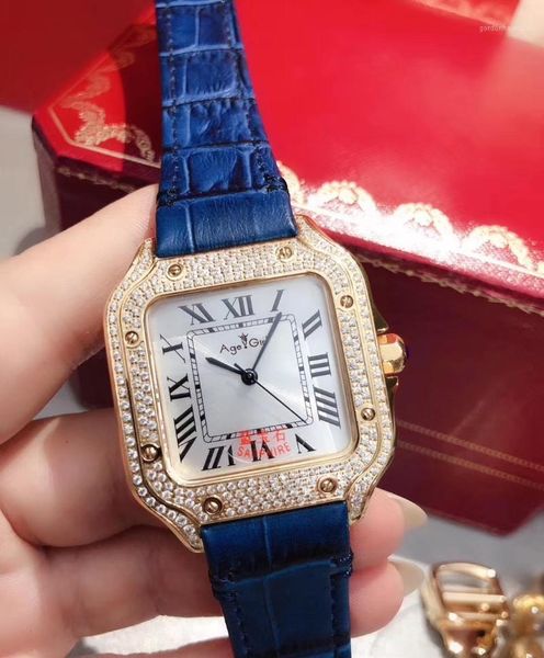 

wristwatches luxury men yellow gold diamond black blue leather stainless steel quartz rome sapphire square watch sport, Slivery;brown