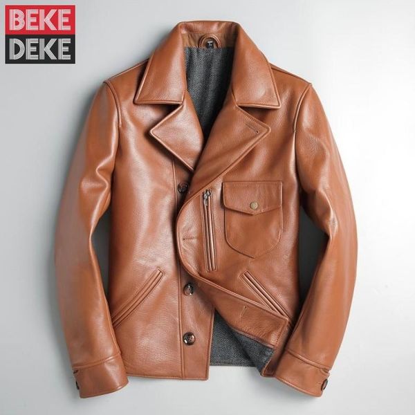 

men's leather & faux casual 100% real cowhide jacket men brand single breasted slim motorcycle coat autumn winter outerwear plus size 4, Black