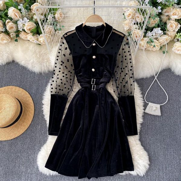 Casual Kleider Luxus Dot Mesh Samt Kleid Frauen Herbst Vintage Gothic Bandage Patchwork Rot Weihnachten Festival Party