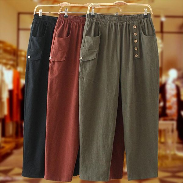 

women spring summer elegant button pant lady loose elastic high waist straight female casual solid plus size i540 women's pants & capri, Black;white