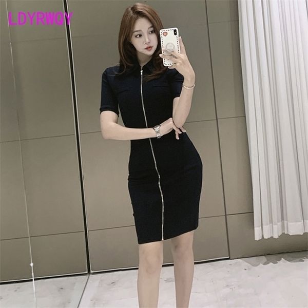 

ldyrwqy south korea summer casual short-sleeved zipper knit bag hip slim dress 210416, Black;gray