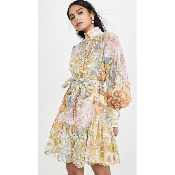

runway flower print multi-color chiffon women's lantern long sleeve stand single-breasted female sashes pleated, Black;gray