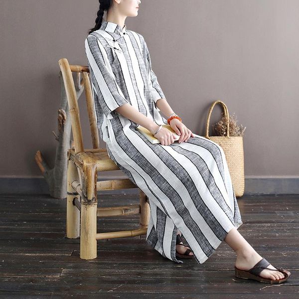 

casual dresses fairynatural ladies cotton linen stand seven sleeve cheongsam summer button female retro chinese style striped a-line, Black;gray