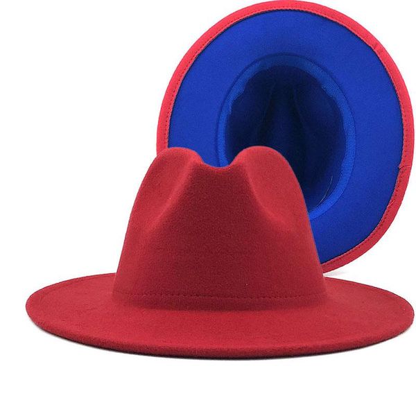 

wide brim hats red blue patchwork wool felt jazz fedora hat women panama party trilby cowboy cap men gentleman wedding xl, Blue;gray