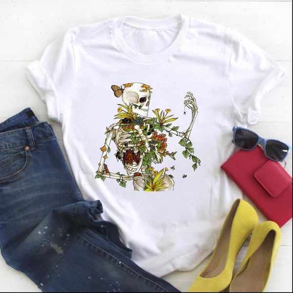 

women t shirt skull flower floral cartoon clothing print ladies summer tee female clothes womens graphic, White