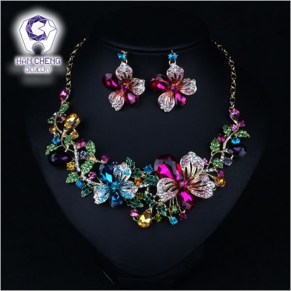 

jewelry sets hancheng fashion bauhinia flowers golden metal rhinestone created crystal statement maxi choker necklace women collier, Black