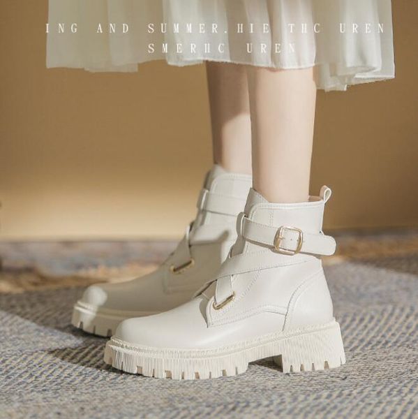 

boots 2021 ankle for women thick bottom round toe leather black beige all-match botas feminina platform shoes