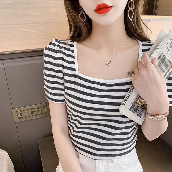 

women's t-shirt square collar stripe t shirt women harajuku vogue tshirt short sleeve streetwear ladies summer female goth, White