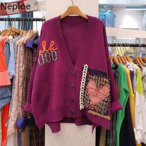 

neploe embroidery cardigan leopard love knitwear sweaters for women winter clothes v-neck knit sueter coat chic pull femme 4g098 210422, White