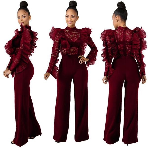 

women's jumpsuits & rompers 2021 high street ruffled lace long sleeves nightclub sheer straight jumpsuit waist bodycon bodysuit, Black;white