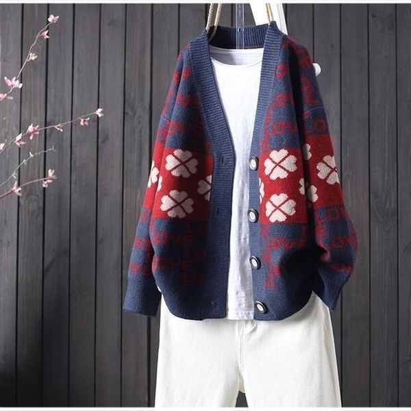 

women's knits & tees letter jacquard knitted cardigan women autumn and winter 2021 casual loose v-neck long-sleeved sweater jacket all-, White