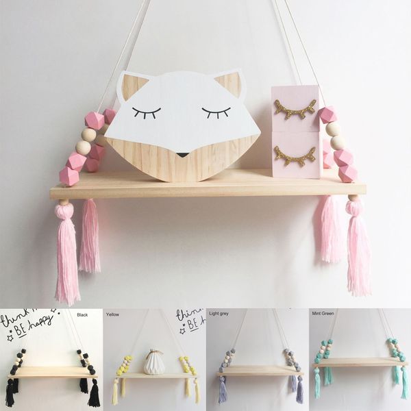 

1 pcs wall hanging decor swing shelf decorative shelves room storage organization personality kids room wooden beads tassel