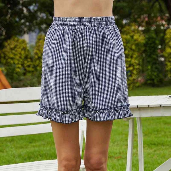 

modern plaid print wide leg women short pants elastic high waisted female loose sweatshorts pantalones cortos de mujer, White;black